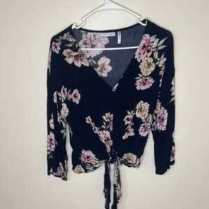 LUQ Navy Floral Tie-Front Blouse